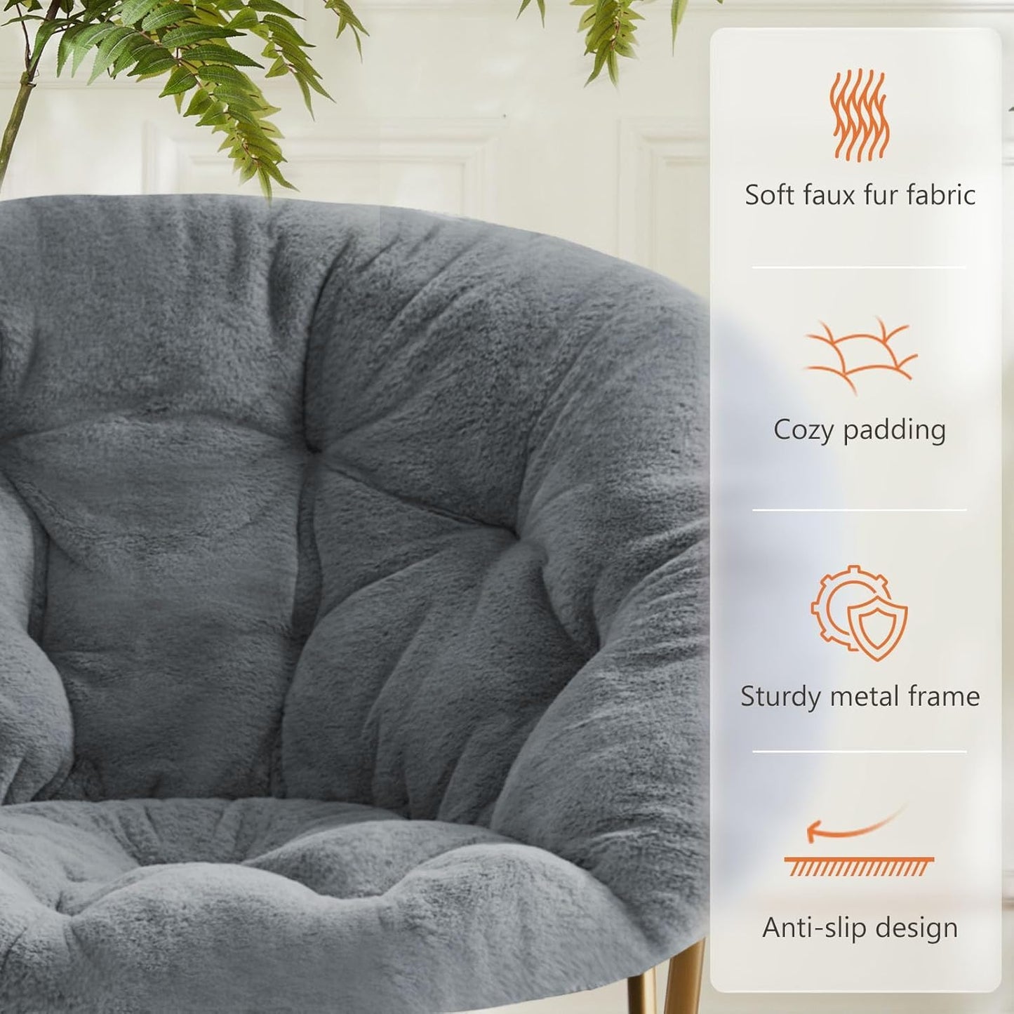 Elevon Saucer Chair Faux Fur with Soft and Thick Padded Seat Metal Frame, Modern Style Folding Cozy Chair for Bedroom, Living Room,XL, Grey