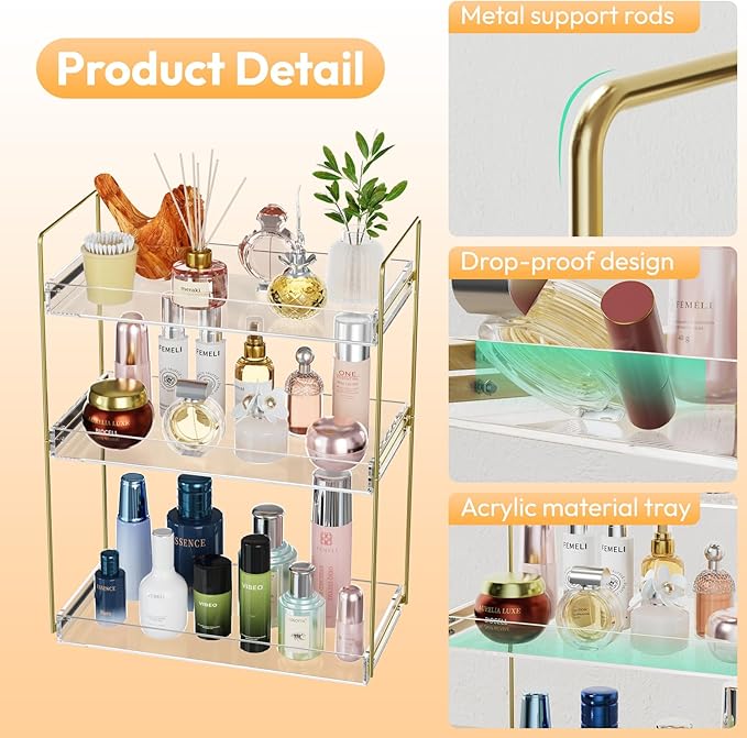 Bathroom Countertop Organizer, 3 Tier Acrylic Tray Vanity Counter Skincare Organizer Shelf, Kitchen Under Sink Standing Rack, Home Storage Holder for Lotion Makeup Cosmetics Perfume Spice, Gold | Vanity Counter, Kitchen Under Sink, Home Storage Holder,...