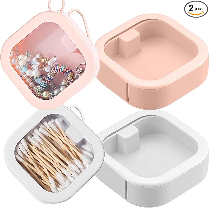 2pcs Hair Tie Organizer,Portable Travel Qtip Holder,Bathroom Storage Organizer Qtip Dispenser Cotton Swabs Dispenser Kids Hair Accessory Box with Lid for Bathroom,Desktop Organizer(2pcs pink&white)