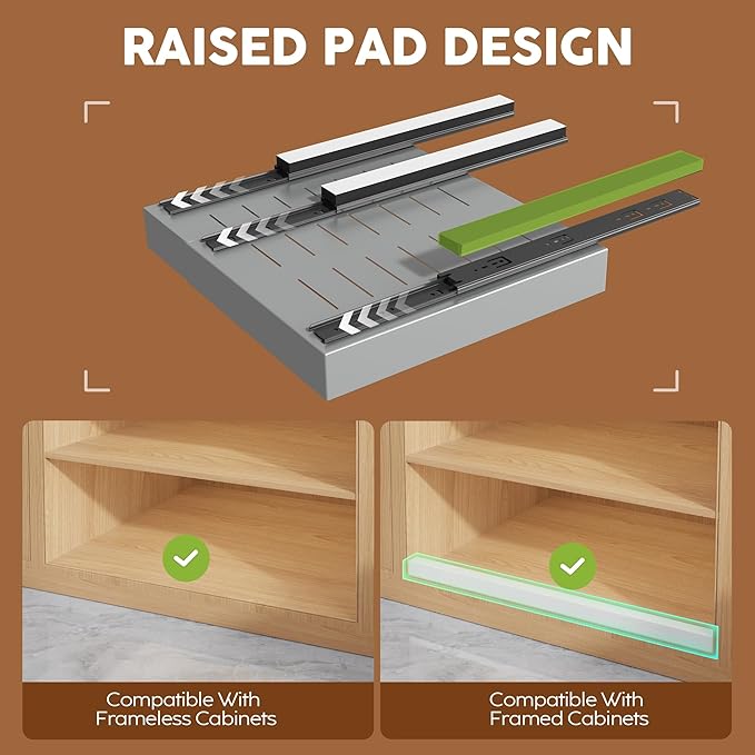 2 Pack Expandable Width (15.15"-26.3") Pull Out Cabinet Organizer 21" Deep with Raising Pad for Framed Cabinets, Upgrade 3 Slide Rails Slide Out Drawers, Roll Out Shelves Adhesive, Silver