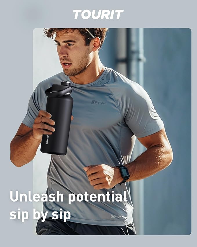 TOURIT 32 oz Insulated Water Bottle, Stainless Steel Sports Water Bottles With Top Handle, Double-Wall Travel Thermal Water Flask, BPA Free Leakproof Water Bottle for Sports and Travel (Obsidian)