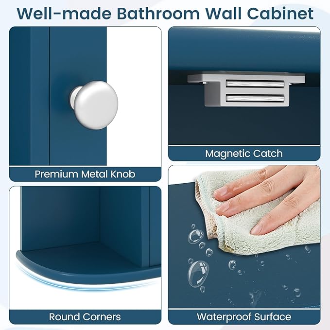Tangkula Bathroom Medicine Cabinet with Mirror, Wall Mounted Home Storage with Door & 6 Open Shelves, Adjustable Shelves, Mirrored Bathroom Wall Cabinet (Blue)