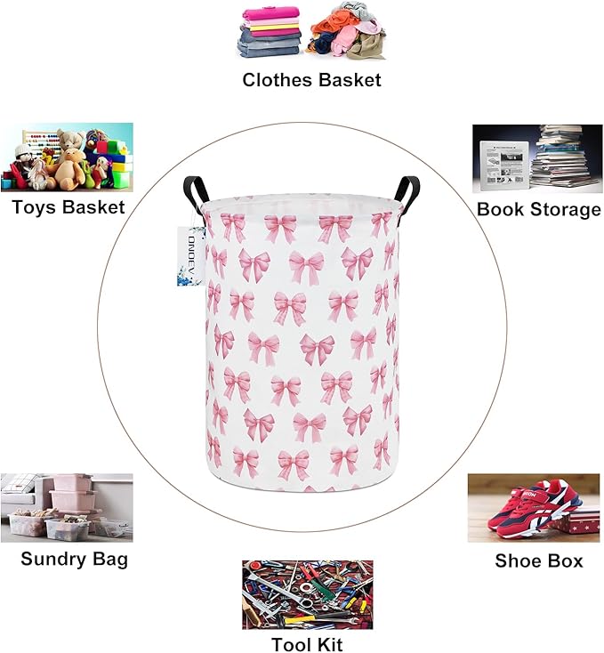 Round Foldable Girls' Storage Basket Kids Laundry Hamper Pink Gift Basket Suitable For Home Decoration Office and Toy Storage(Pink Knot)