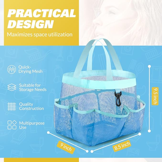 Mesh Shower Caddy Portable for College Dorm Room Essentials with 8 Pockets, Shower Bag for Beach, Swimming, Gym, Travel, Bathroom(All blue)