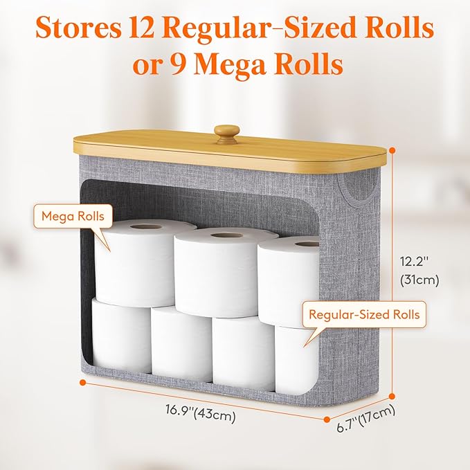 Lifewit Toilet Paper Storage Holder for 9 to 12 Rolls, Free Standing Toilet Paper Basket Stand with Bamboo Lid, Collapsible Fabric Bathroom Organizer Box for Mega Rolls, 23L, Large, Light Gray