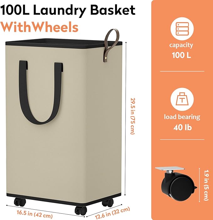Laundry Basket with Wheels, Collapsible Laundry Baskets, Laundry Hamper with Handles Detachable Wheels, Rolling Laundry Basket, Dirty Clothes Hamper for Bathroom, Dorm, Bedroom, Beige, 100L
