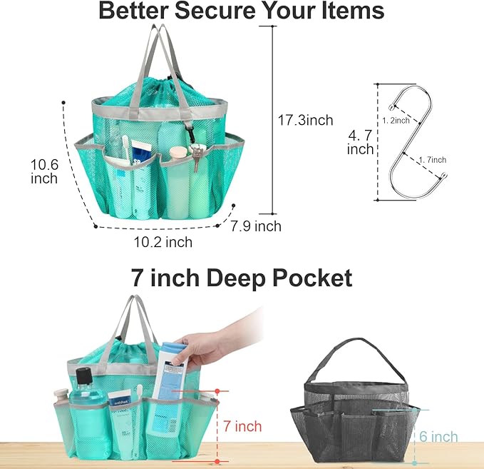 F-color Mesh Shower Caddy Portable with Drawstring - Large 8 Pockets Dorm Room Essentials for Guys Girls with S Hook, Shower Bag Basket Tote for College Camping Gym Travel Bathroom, 2 Pack Mint Green