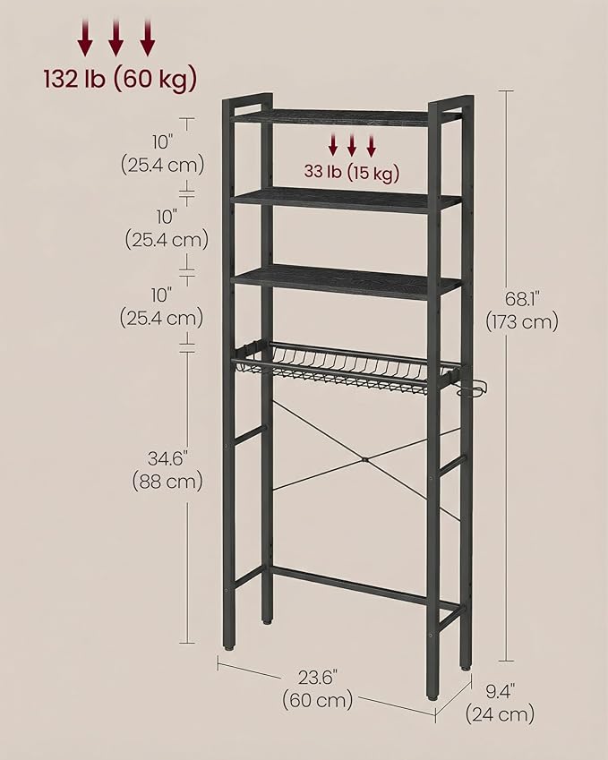 VASAGLE Over The Toilet Storage, Over Toilet Bathroom Organizer with Adjustable Shelves and Basket, 3 Hooks, Space Saving, 9.4 x 23.6 x 68.1 Inches, Ebony Black UBTS114BE01S