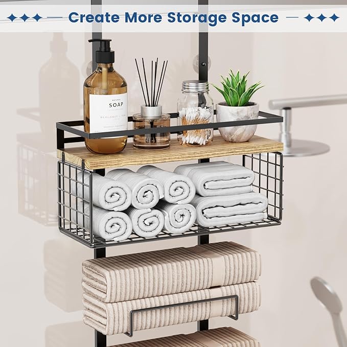 Towel Racks for Bathroom Over The Door Towel Racks Towel Storage Organizer with Metal Shelf Basket for Bathroom Rv Camper (7-Tier Black with Wood Plank)