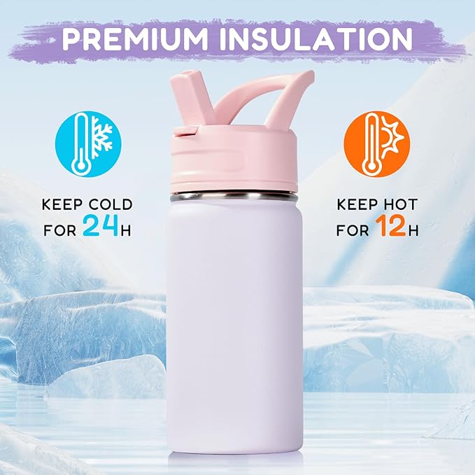12oz Water Bottle for School, Bottles with Straws, Stainless Steel Vacuum Insulated Water Bottle, Leak-Proof, BPA-Free, Gentle Purple + Luck