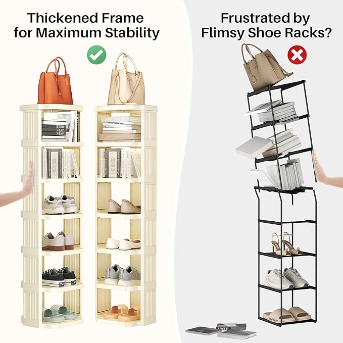 Kitstorack 10 Tiers Stackable Shoe Rack for Closet and Front Door Entrance - Free Standing Plastic Stand, Narrow Tall Vertical Organizer for Small Spaces Storage, White