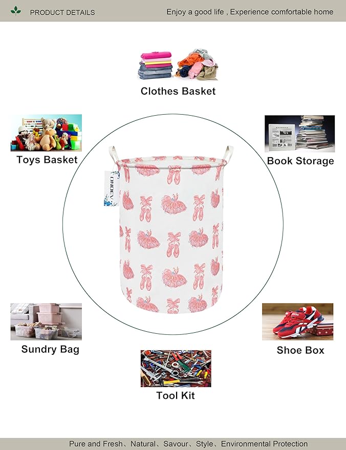 Round waterproof laundry basket,foldable storage basket,laundry Hampers with handle,gift basket,suitable for children's room and toy storage (Pink lace dance shoes)