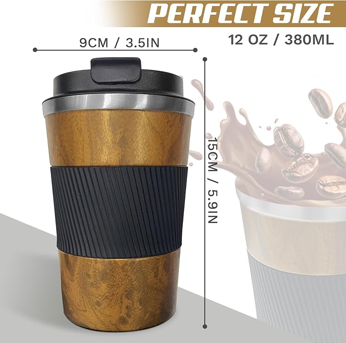 Vacuum Insulated Stainless Steel Travel Coffee Mug with Lid, Leak-Proof Reusable Thermal Cup Keeps Drinks Hot & Cold for Hours, Durable Portable Tumbler for Men & Women (3rd-Wood Grain, 12OZ)