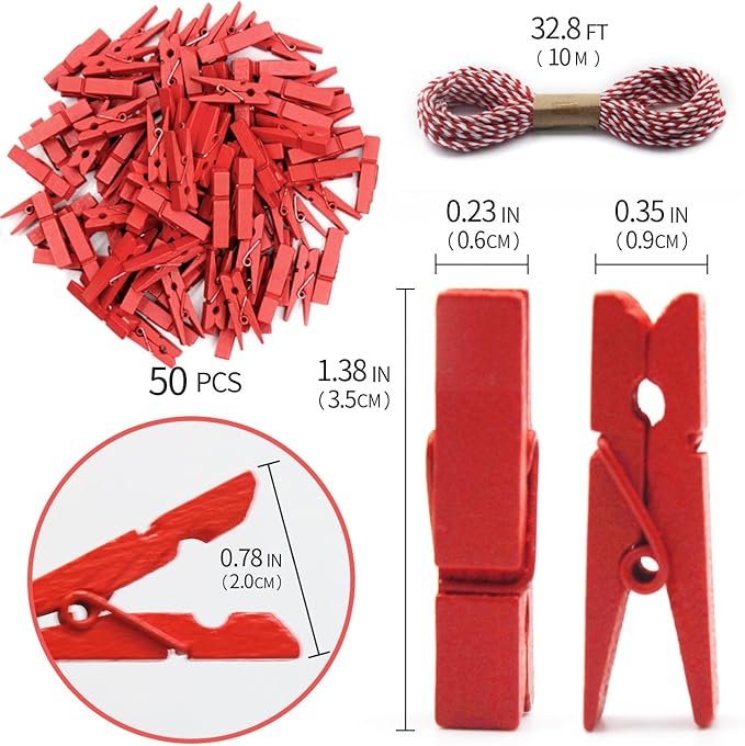 1.35 Inch Mini Clothes Pins100 PcsWith 32 Feet Jute Twine for Photo, Crafts, Pictures - Wooden Small Decorative Clothespins for Baby Shower (Red)