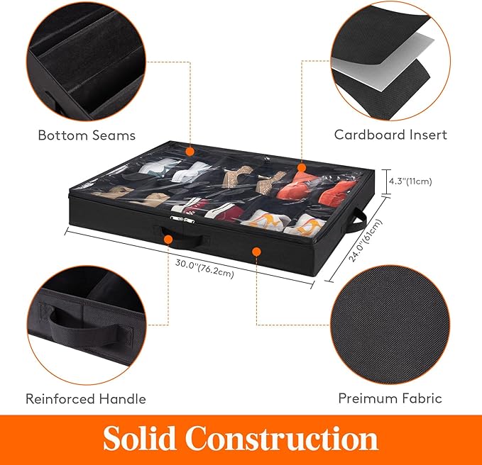 Lifewit Under Bed Shoe Storage Organizer 1 Pack(12 Pairs), 4.3" Tall Fabric Shoes Container Box, Foldable Closet Shoe Bag with 2 Reinforced Handles and Clear Cover, Black