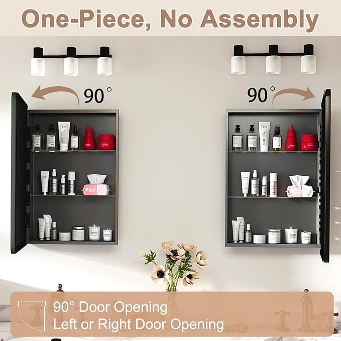16x27.5 Medicine Cabinet with Mirror, Fully Assembled Recessed or Wall-Mounted Bathroom Mirrored Cabinet with Adjustable Storage Shelves for Vanity, Metal, Black