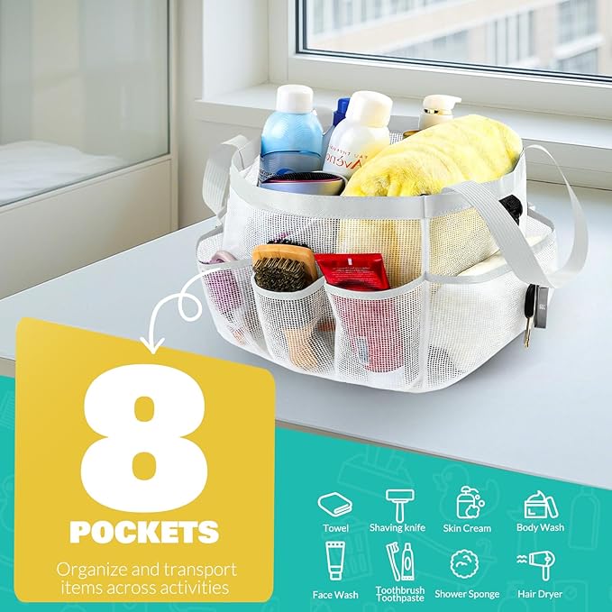 Mesh Shower Caddy Portable for College Dorm Room Essentials with 8 Pockets, Shower Bag for Beach, Swimming, Gym, Travel, Bathroom(All white)