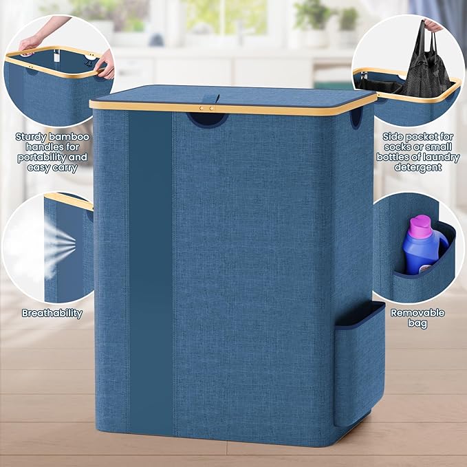 BlissTotes Laundry Basket with Lid, 150L Clothes Laundry Hamper with Handles and 2 Removable Laundry Bag, Breathable Design Hamper with Lid for Bedroom, Bathroom, Dorm, Laundry Room - Light Blue