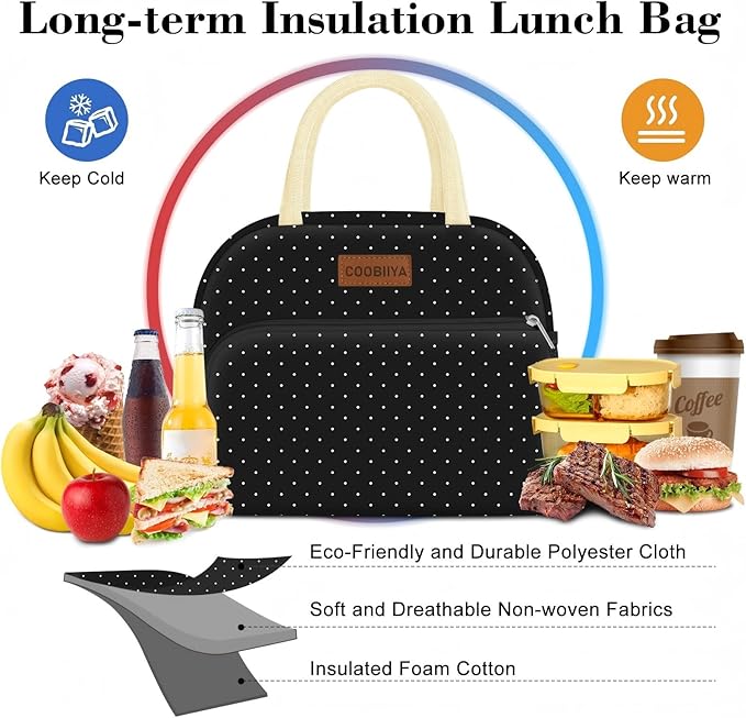 Coobiiya Lunch Bag Women,Lunch Box LunchBag for Women Adult Men, Small Leakproof Cute Lunch Tote Large Capacity Reusable Insulated Cooler Lunch Container for Work/Office/Picnic/Travel-Black Polka Dot