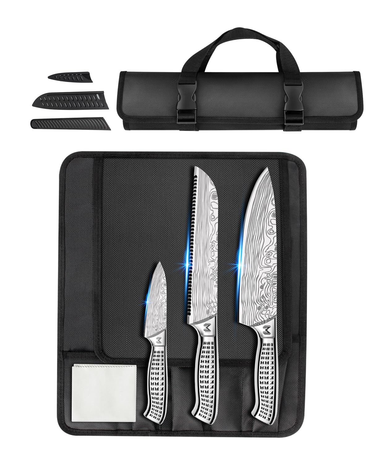 Meleho 12PCS Portable Kitchen Knife Set, High Carbon Stainless Steel Professional Chef Knife Set with Sharpener & Oxford Roll Bag, Suitable for Home, Outdoor Travel, Camping and BBQ