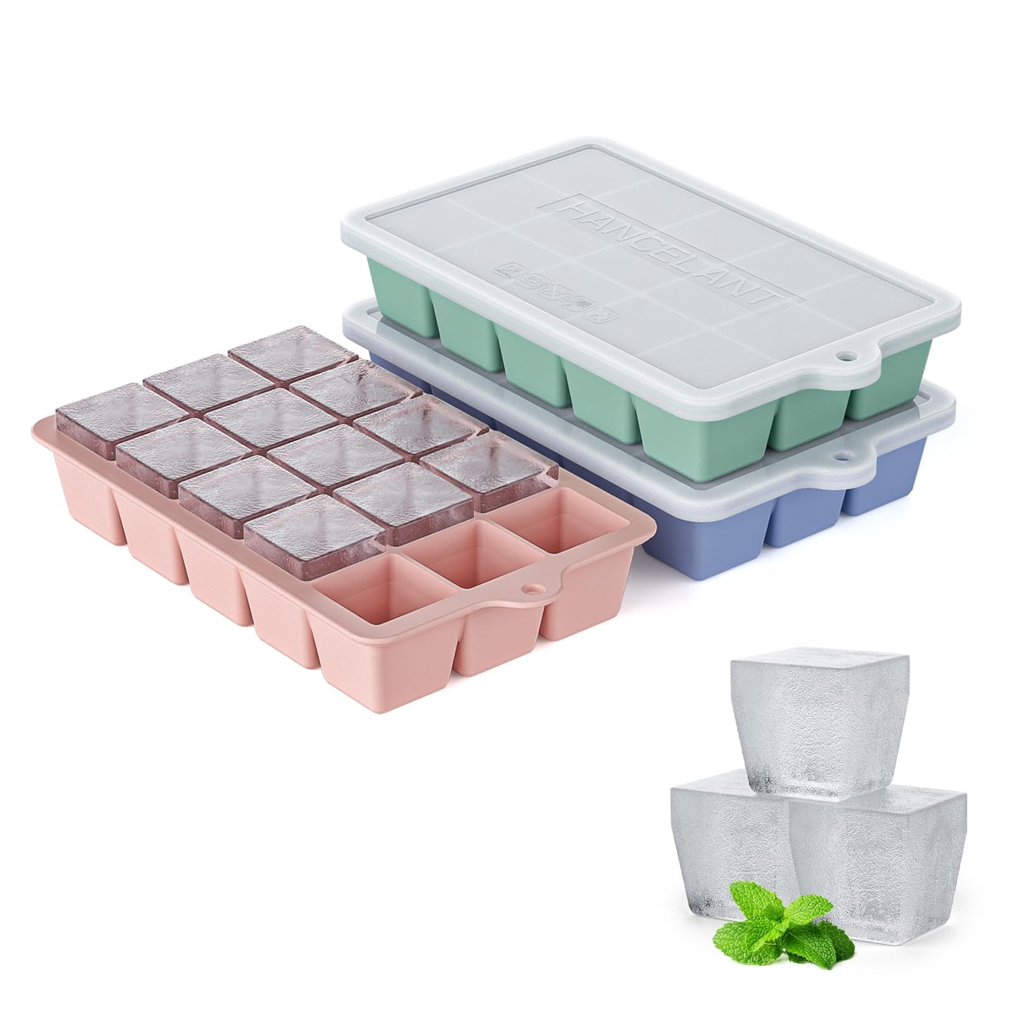 Silicone Ice Cube Tray 2 Pack, HANCELANT Ice Cube Mold, Ice Trays for Freezer with Lid for Whiskey, Cocktail, Drinks and Food, Freezer, BPA Free, Easy Release