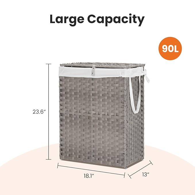 DUMOS Woven Laundry Basket with Lid, 90L Large Capacity Hamper, Removable & Machine-Washable Liner, Foldable Rattan Clothes Hamper, Sturdy Steel Frame, Odor Control, Dove Gray