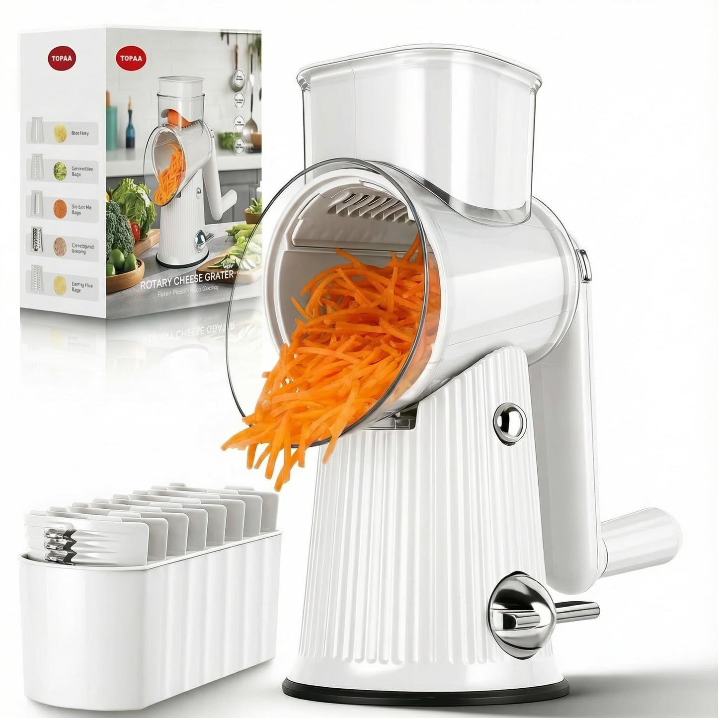 Rotary Cheese Grater with Handle - Vegetable Shredder with 5 Blades & Strong Suction Base, Round Slicer & Food Chopper for Kitchen (Green)