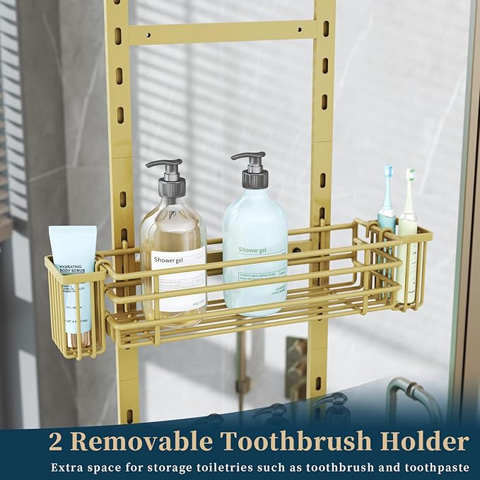 Consumest Over The Door Shower Caddy - 5 Tier Adjustable Shower Organizer Hanging with 2 Toothbrush Holders & 4 Hooks, Rustproof Organizer Shelf, Storage Rack for Bathroom, Gold