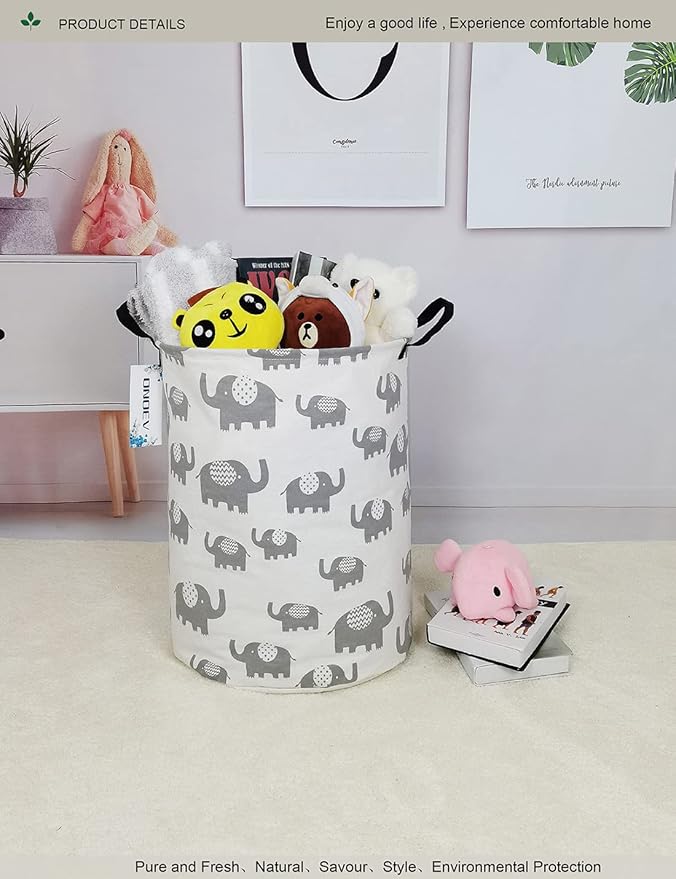 Round waterproof laundry basket gift basket,suitable for children's room and toy storage (Grey Elephant)