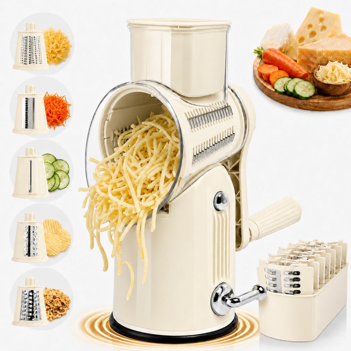 5-in-1 Rotary Cheese Grater and Vegetable Slicer with Suction Base, White