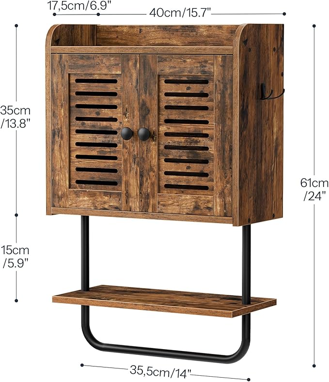 HOOBRO Bathroom Wall Cabinet, Double Doors Medicine Cabinet with Towel Bar, Adjustable Shelf, 2 Hooks, Over The Toilet Storage Cabinet, for Bedroom, Kitchen, Rustic Brown BF46CW01