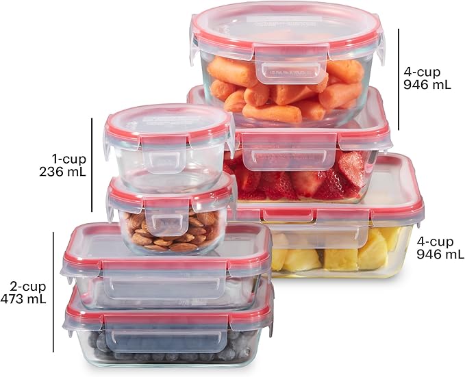 Pyrex Freshlock (7-Pack) Glass Food Storage Containers Set, (1, 2, 4 Cups) Airtight & Leakproof Plastic Locking Lids BPA-Free, Meal Prep Containers Set, Freezer Dishwasher Microwave Safe
