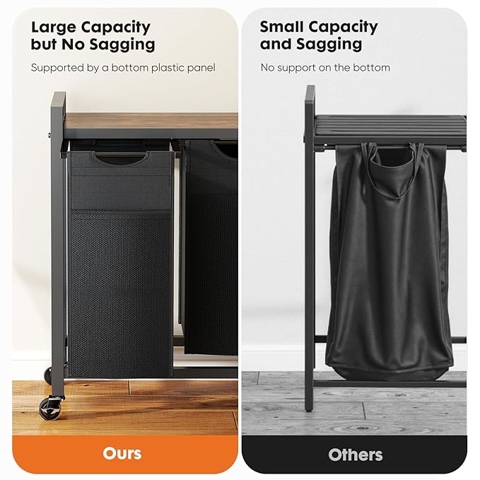 DUMOS Laundry Hamper with 2 Pull-Out Removable Sorter Bags, Movable Wheels, Freestanding Clothes Basket Organizer in Bathroom, 2 × 13.1Gal (99L) Capacity, Rustic Brown and Black