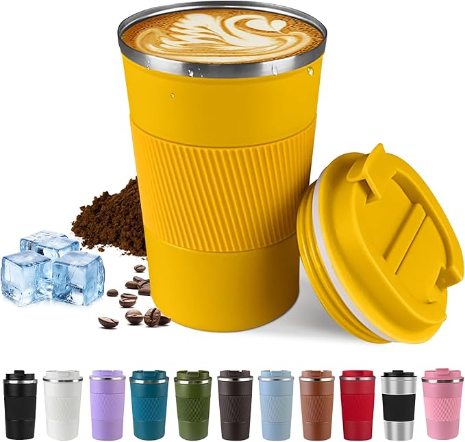 Vacuum-Insulated Stainless Steel Travel Coffee Mug, Leak-Proof Reusable Coffee Cup with Lid-Keeps Drinks Hot & Cold for Hours, Durable Double Wall Tumbler for Men & Women (3rd-Yellow, 17OZ)