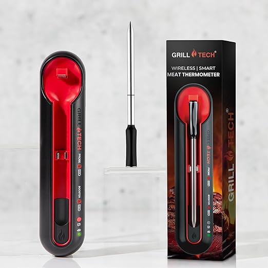 Grill Tech Smart Bluetooth Meat Thermometer Wireless Thermometer for Grilling and Smoking, Precision Accuracy, 950ft Range, USB-C Rechargeable Case, Grill Tech App for Grilling