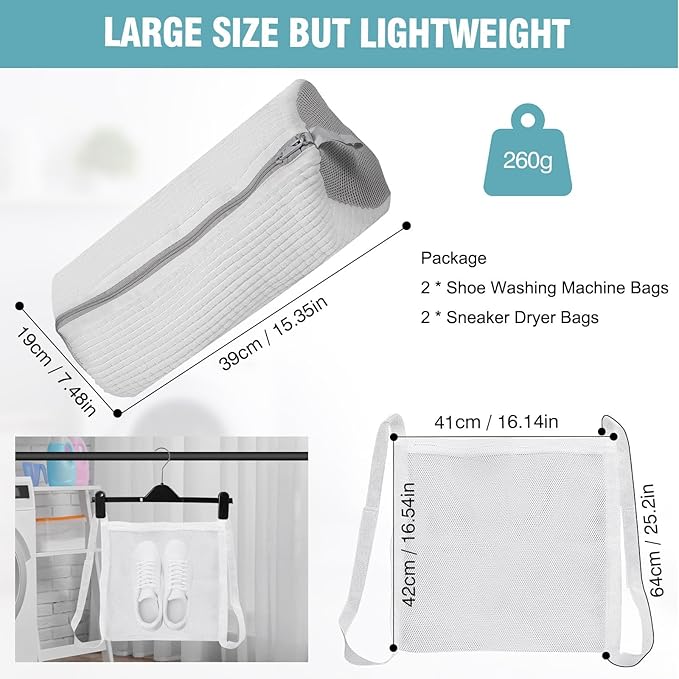 Shoe Washing Machine Bag, Shoe Laundry Bag for Washer and Dryer, Include Dry Net Bag, Reusable and Durable Zipper with Hook Design, Shoe Washing Bag for Sneaker (White, 2 Pack)