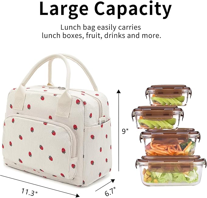 Lunch Bag Women Lunch Box for Women Adult Cute Insulated Lunch Bag Lager Cooler Lunch Tote Bags for Work Picnic (Light Yellow-Strawberry)
