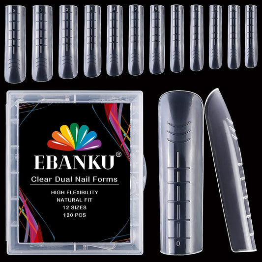 EBANKU 120Pcs Poly Extension Gel Dual Nail Forms Square Clear Nail Forms Full Cover Coffin Nail Molds 12 Sizes for Gel Manicure Nail Art Design Salon&DIY