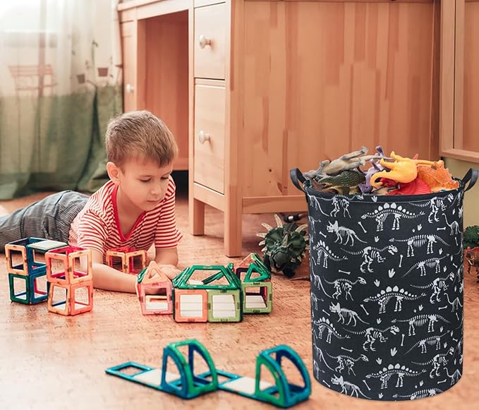 HIYAGON Dinosaur Kids Laundry Basket Kids Laundry Hamper Baby Nursery Hamper for Boys and Girls Cute Toy Storage Organizer Bins Blue Dinosaur Room Decor Gift Basket Bedroom(Black Dinosaur)