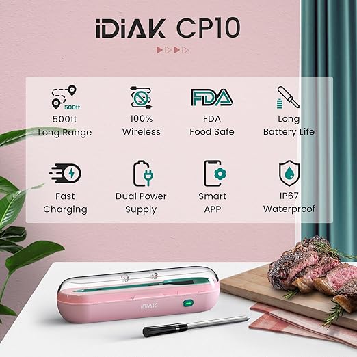 iDiAk CP10 New Gen Wireless Meat Thermometer for Grilling and Smoking-Pink