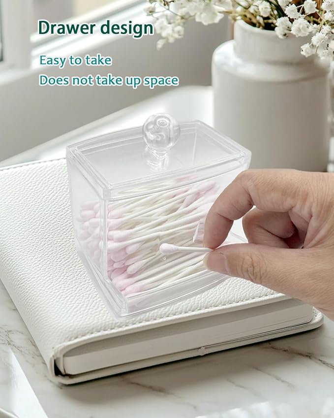 10oz Cotton Swab Dispenser with Lid, Clear Plastic Swab Holder for Bathroom Vanity Countertop Storage, Durable PS Canister with U-Slot for 3 Inch Cotton Buds, Compact Swab Organizer