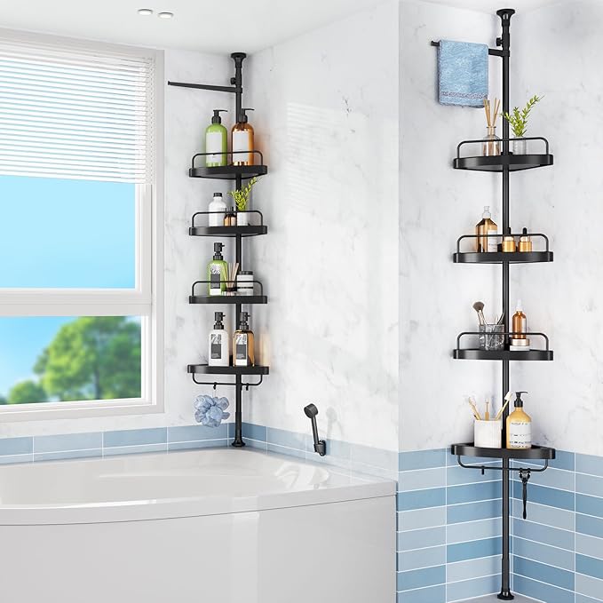 HAMITOR Corner Shower Caddy Tension Pole: 4 Tier Shampoo Storage Organizer for Inside Shower - Telescoping Rod Shower Rack for Bathroom and Bathtub - Restroom Floor Standing Bath Rack Holder Black