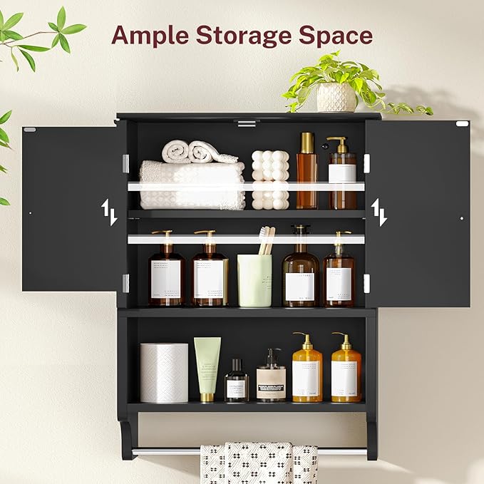 TEENFON Bathroom Wall Cabinet with Adjustable Shelves and Towel Rack, Wall Mounted Over The Toilet Storage Cabinet for Bathroom, Living Room, Black