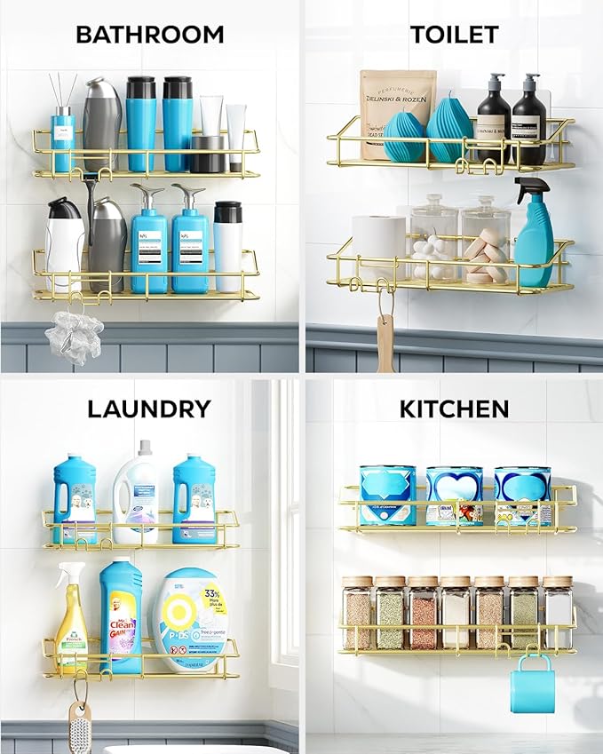 Nieifi Shower Caddy Shelf Storage Rack Adhesive Without Drilling Stainless Steel with Hooks for Washroom, Lavatory, Restroom, Toilet, Bathroom, Kitchen - 2 Pack, Golden