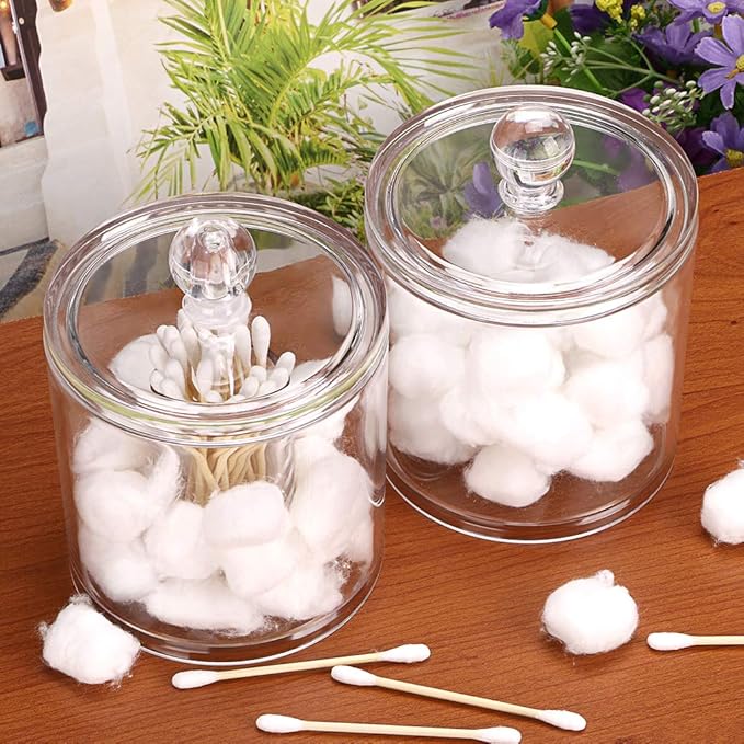 Hipiwe Cotton Ball and Swab Organizer with Lid Apothecary Acrylic Jar Makeup Qtip Organizer Bathroom Storage Canister Jar for Cotton Rounds Pads Q-tips Holder