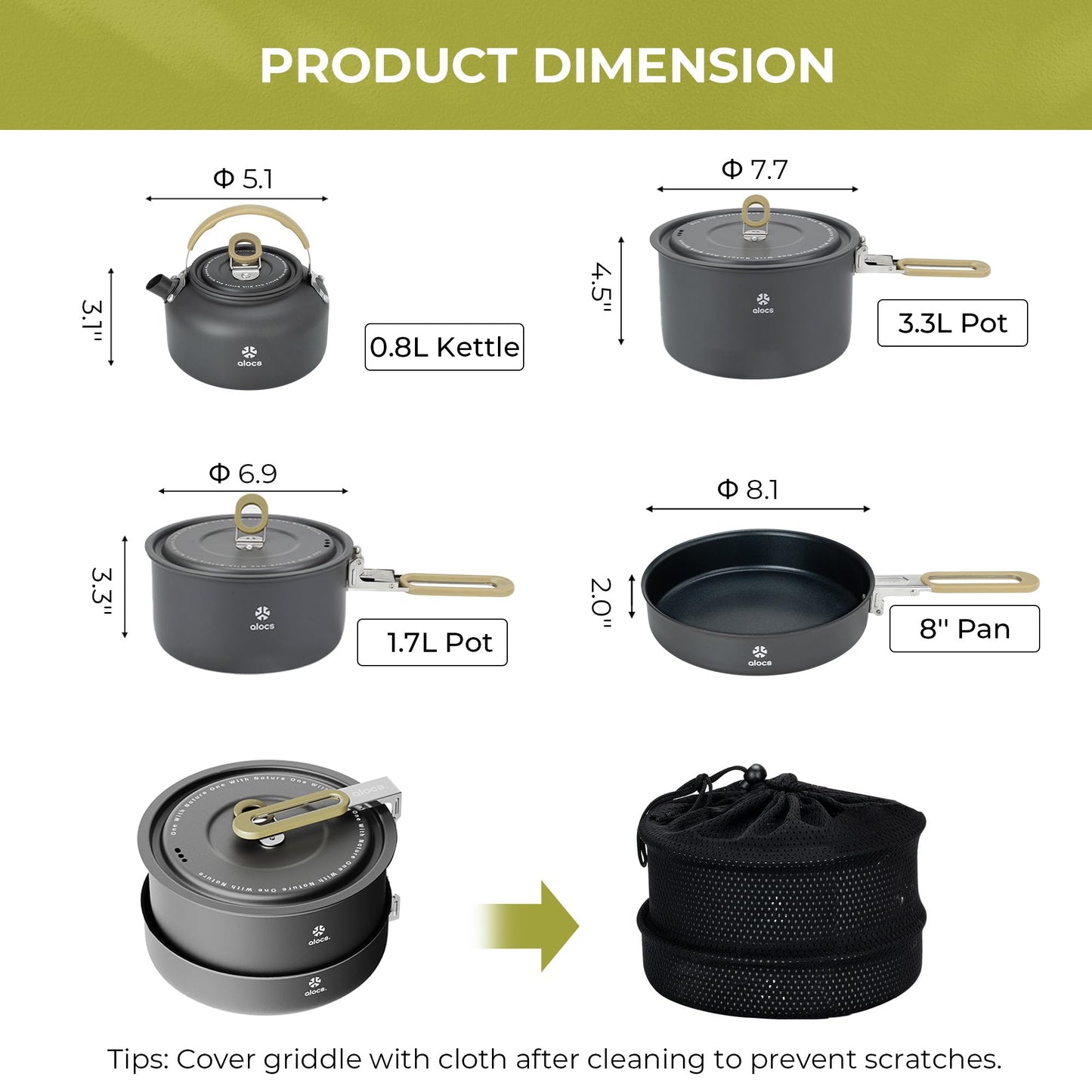 ALOCS Camping Cookware Portable Non-Stick Mess Kit with Foldable Handle