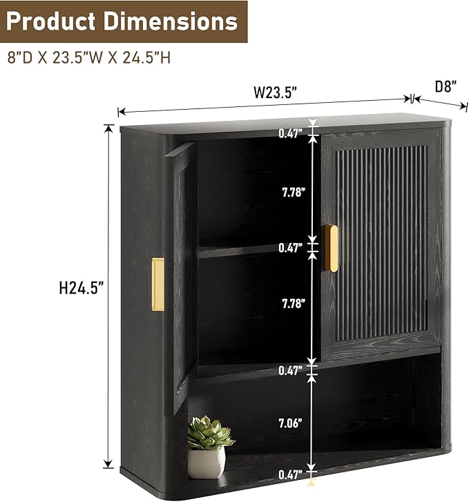 Bathroom Wall Cabinet, Wall-Mounted Medicine Cabinet with Adjustable Wood Shelf & Doors, Floating Bathroom Cabinet Over Toilet for Laundry Room & Kitchen & Living Room (Black)