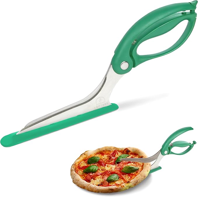 Loftern Pizza Scissors - Non-Stick Pizza Scissors with Firm Grip Base - Food Grade Stainless Steel Pizza Cutter - 5-in-1 Food Slicer & Pizza Server - Durable, Safe & Mess Free