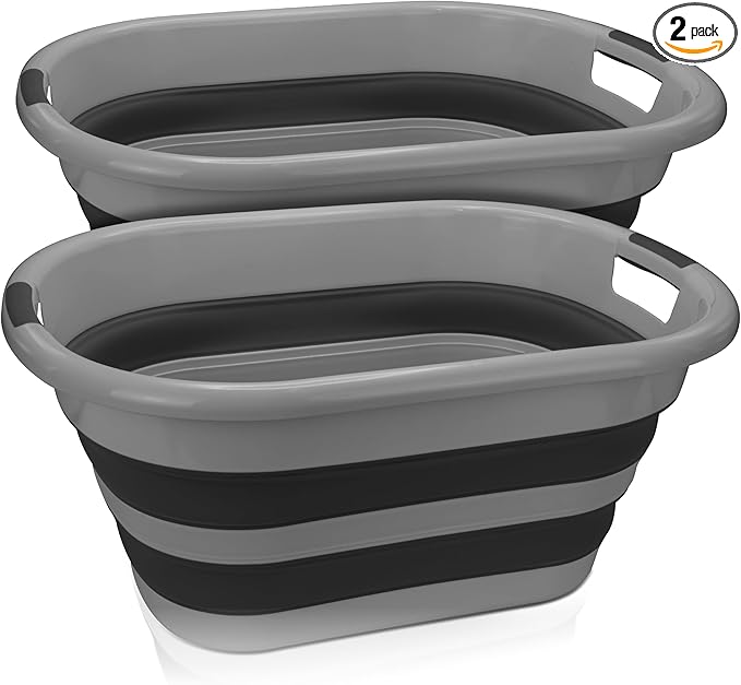 BROOKSTONE Collapsible Laundry Basket Set, Modern Extra Large Collapsible Basket Set, Comfort Non-Slip Grip Handles, Minimalist Space Saving Design, Portable Pop-Up Hamper, BPA FREE, Dark Grey, 2 PACK
