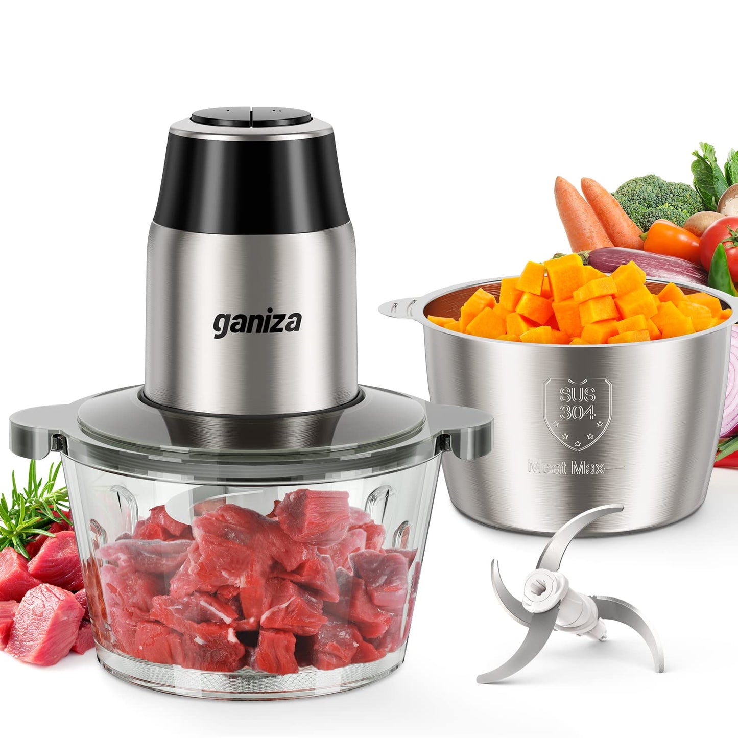 Ganiza Food Processors with 2 Bowls, 450W Meat Grinder Vegetable Chopper